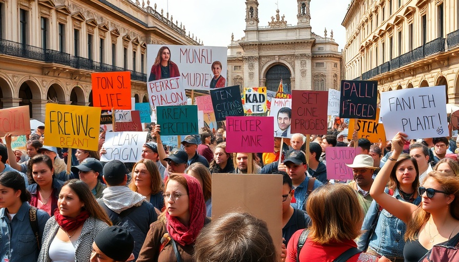Immigrant rights protest in city square, diverse group with signs.