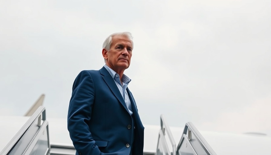 Middle-aged man in blue blazer descends airplane stairs, U.S. presence reduction.