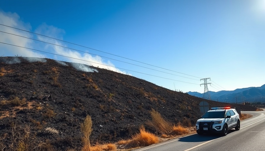 Vegetation Fire aftermath in Los Altos Hills with police car and smoke.