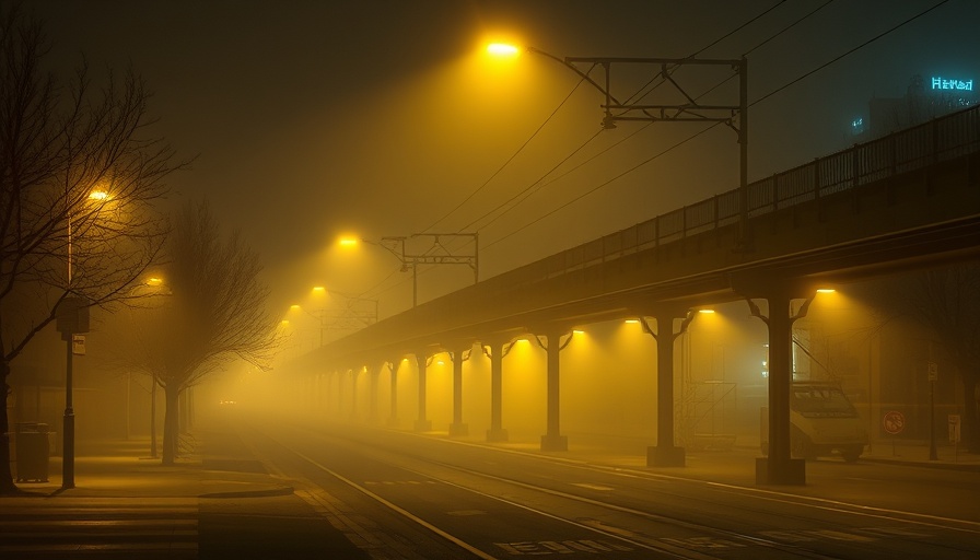 Foggy urban scene with empty train track at night.