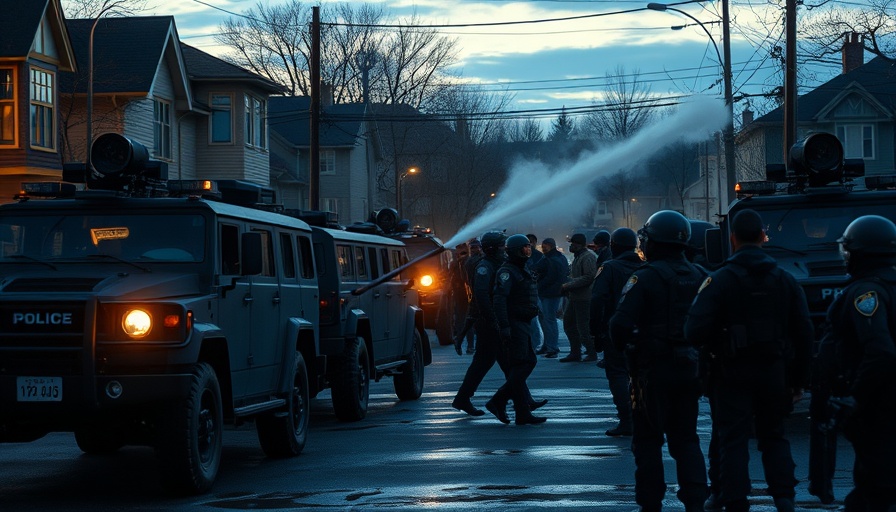 Northern Ireland anti-migrant riots showing police vehicles and water cannon.