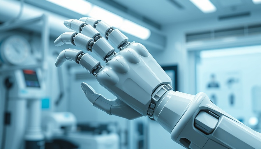 Sleek robotic hand design in futuristic lab setting.