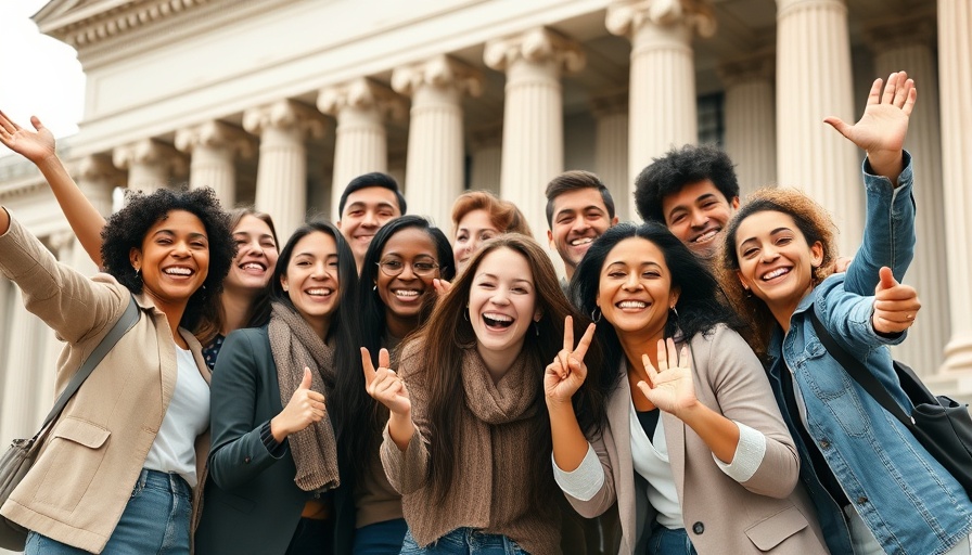 Diverse group celebrates joyfully in front of classic building columns.