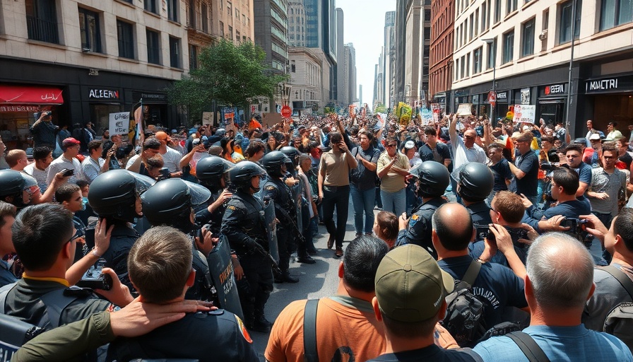 Protest scene with military personnel facing protesters in a city street.