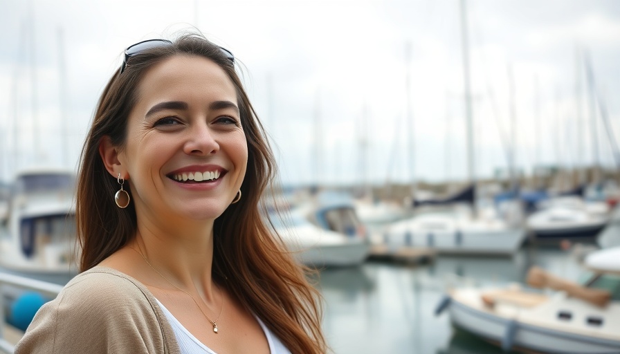 Woman smiling by marina with sailboats, cloudy weather.
