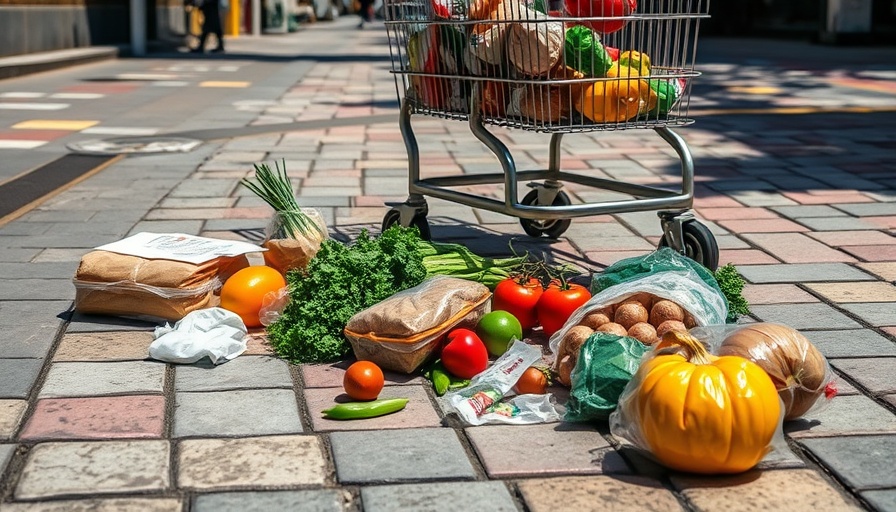 Grocery items on San Francisco sidewalk in bright daylight.