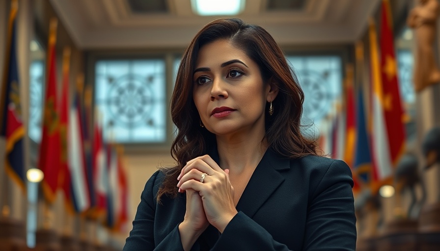 Calm brunette woman in thoughtful pose amidst flags and statues.
