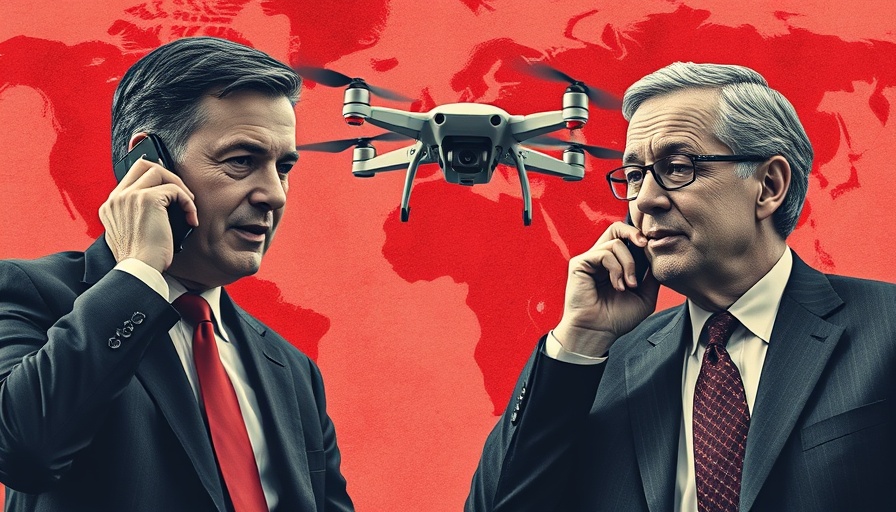 Two men on phones with a drone, representing ban Chinese drones, red map background.