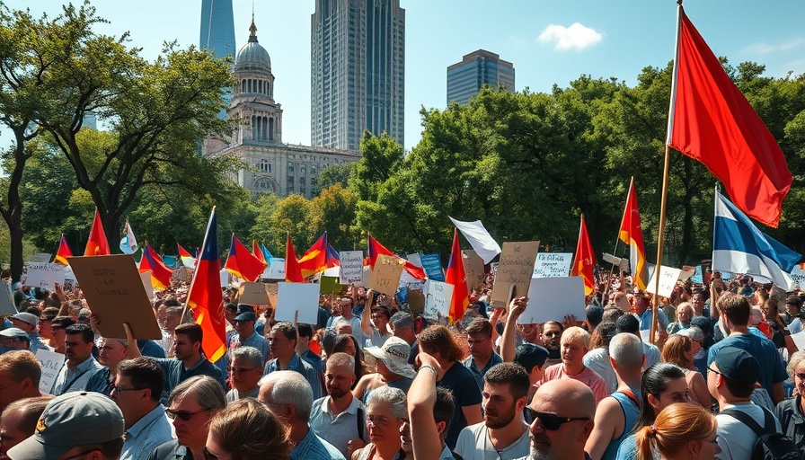 Large crowd protesting at Calgary G7 Summit with flags and signs.