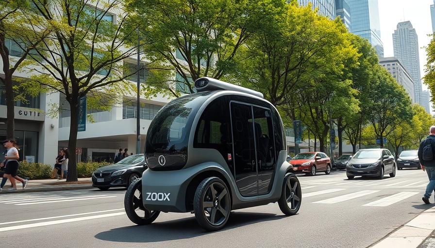 Zoox robotaxi on a bustling city street with skyline backdrop.