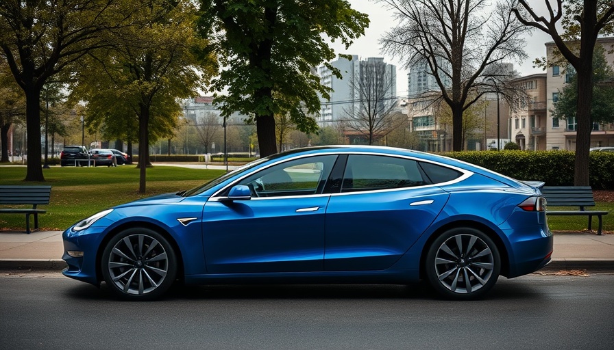 Sleek blue Tesla parked in San Francisco park, overcast day.
