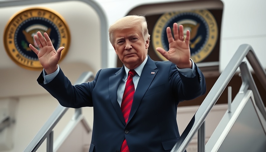 Mature male in blue suit ascending airplane, depicting G7 summit departure