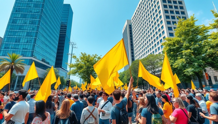 Sikh protesters in Calgary holding yellow flags in urban setting.