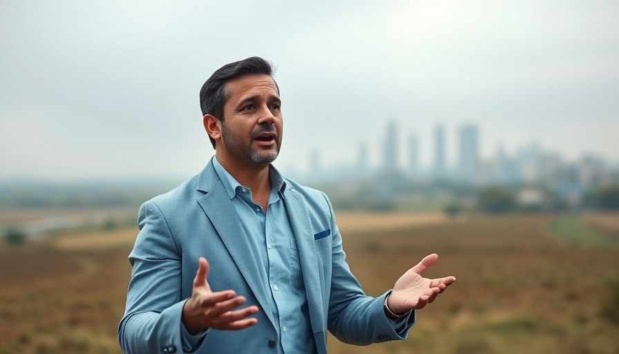 Confident speaker in Alameda with city skyline backdrop, AI innovation focus.