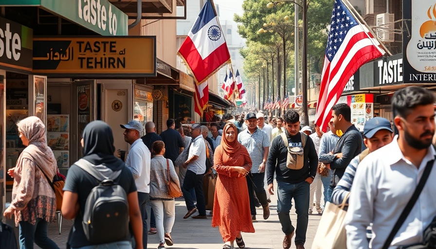 Urban scene illustrating cultural diversity with 'Taste of Tehran' sign.