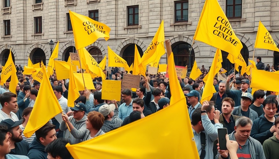 Protest in Canada with people holding yellow flags and signs.