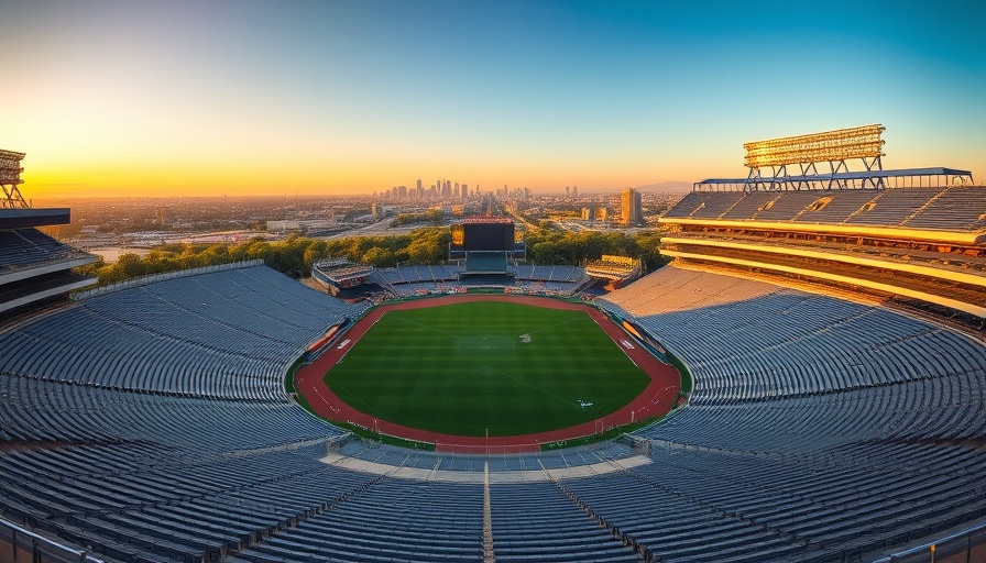 Empty Dodger Stadium with cityscape backdrop at sunset.