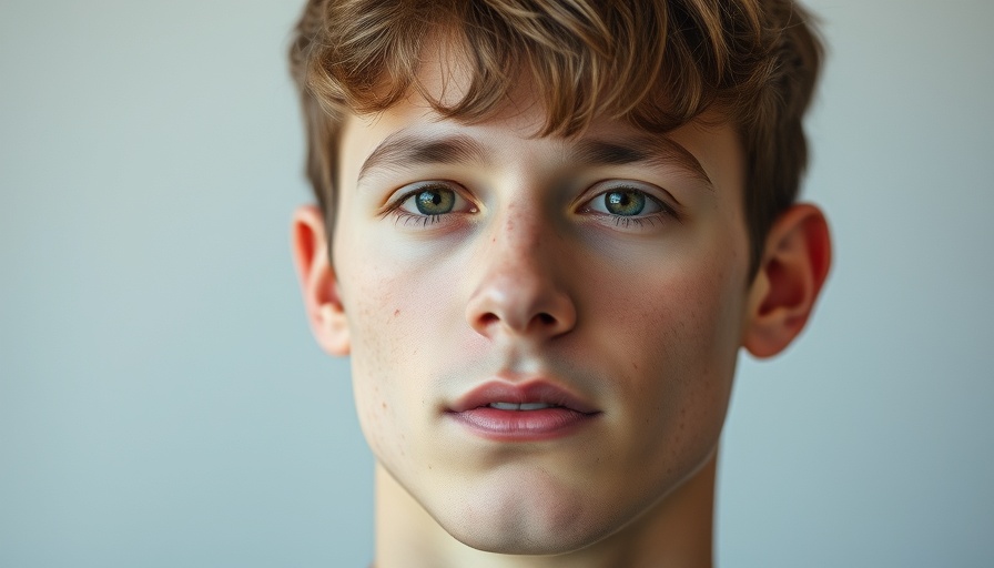 Close-up portrait of a young man with short hair, neutral expression.