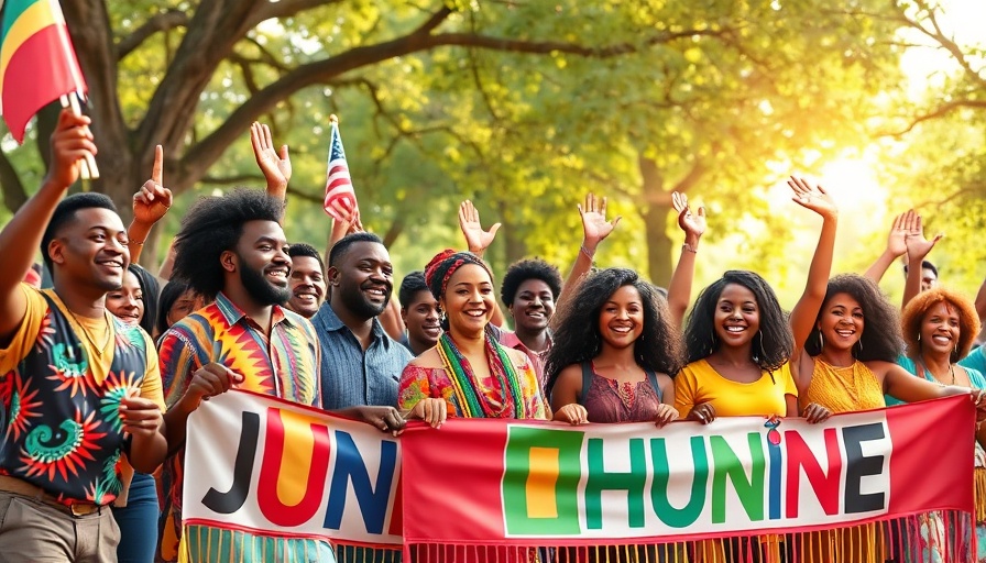Diverse group celebrating Juneteenth federal holiday significance outdoors.