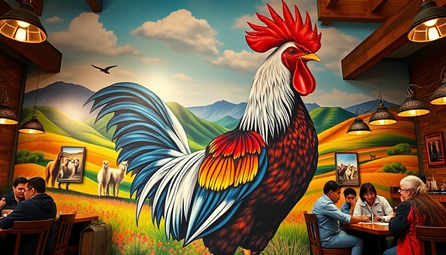Vibrant mural of a rooster in Peruvian rotisserie restaurant