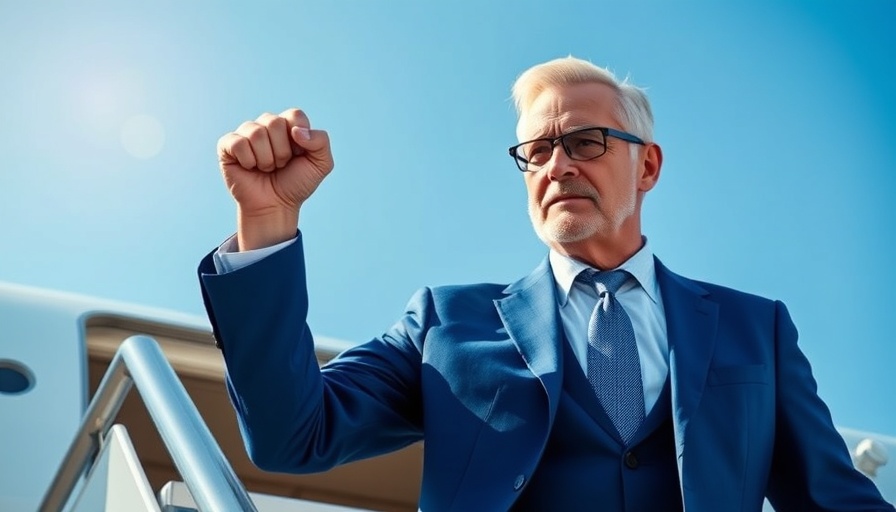 Confident older man in blue suit raises fist while boarding airplane, bright sky.