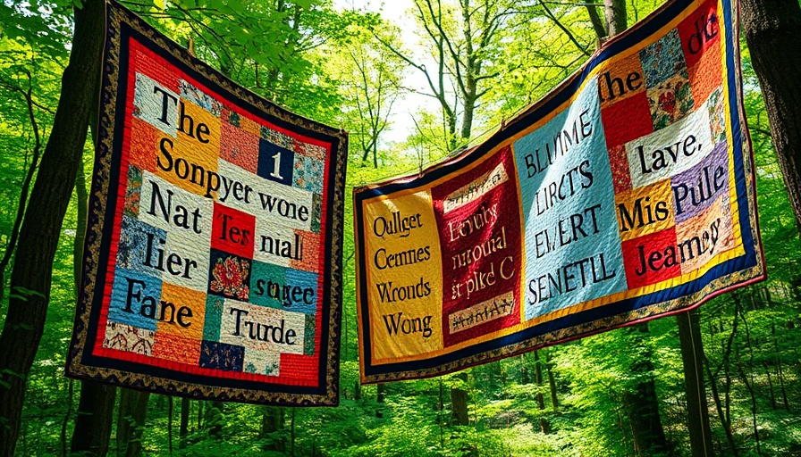Colorful quilts hanging in a forest