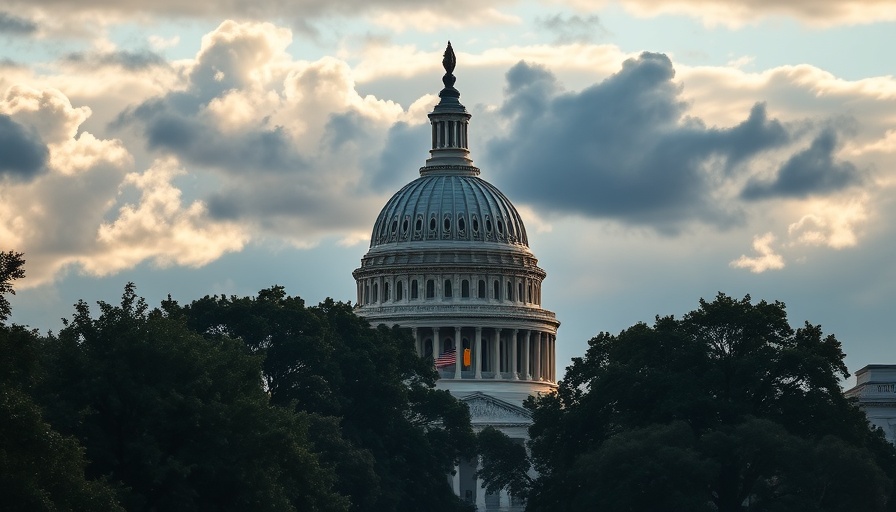 U.S. Capitol dome framed by trees, cloudy sky