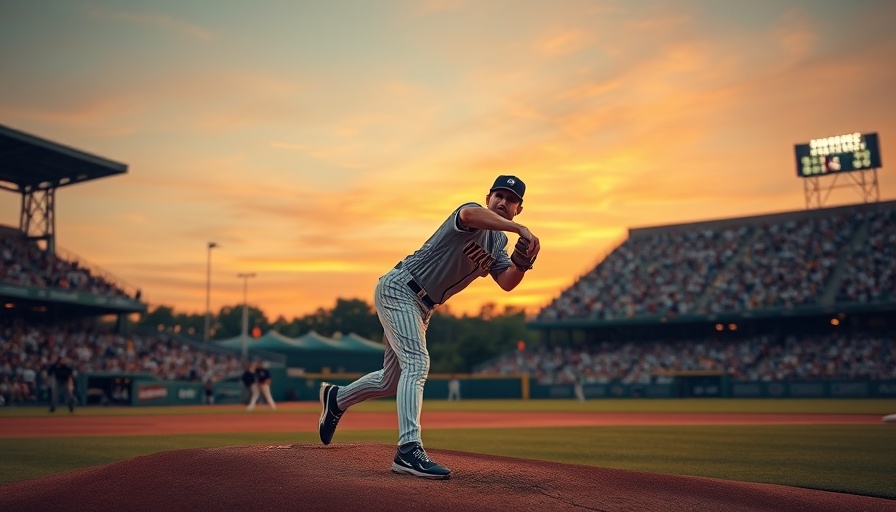 Baseball pitcher in action on field during twilight game.