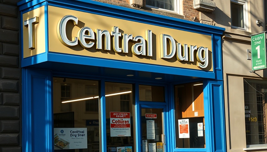 Central Drug Store San Francisco facade with neon sign and urban setting.
