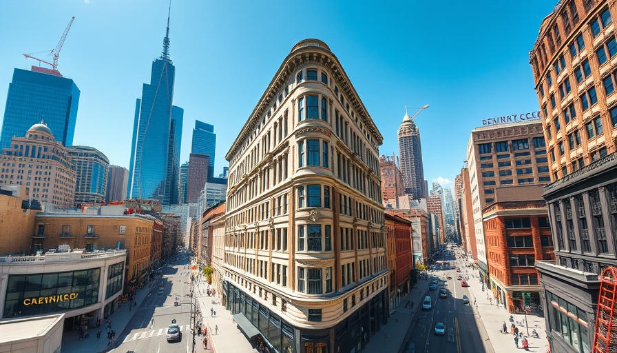 Aerial view of San Francisco flatiron building, vibrant city scene.
