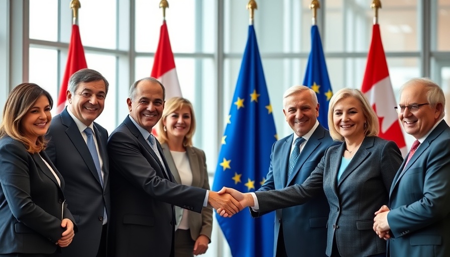 Canada Europe defense partnership meeting with flags and handshakes.