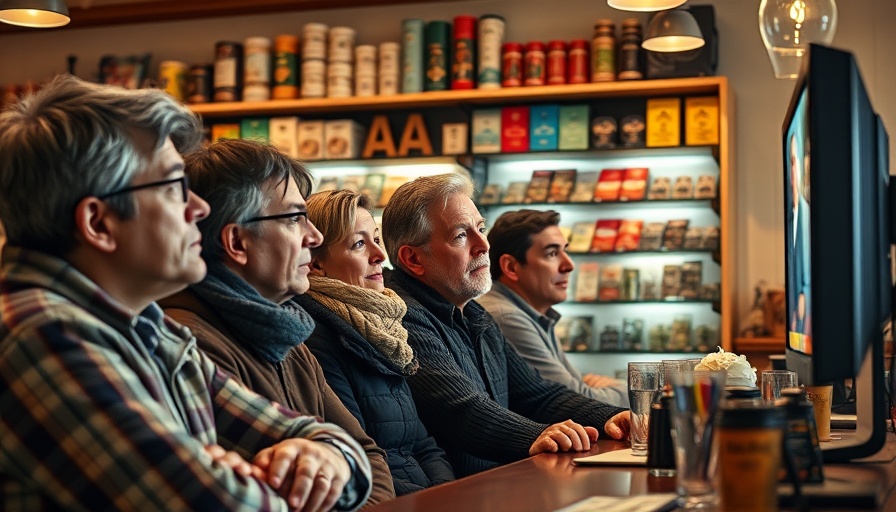 Cafe patrons watching news on Trump Iran attack and presidential war powers.