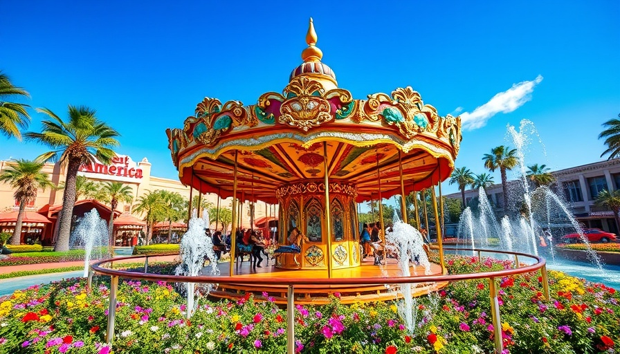 Great America amusement park carousel with flowers and fountains.