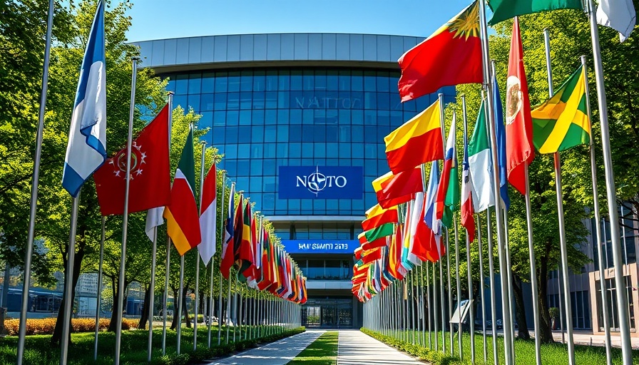 NATO Summit 2025 conference center with flags and banner.