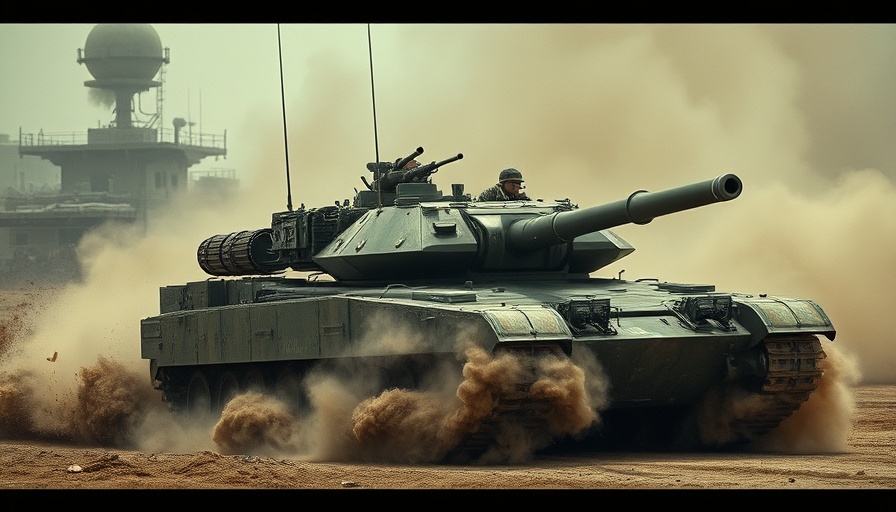 Battle tank moving in dusty, ruined city backdrop.