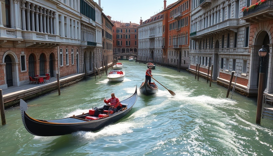 Gondolas and boats on a busy canal in Venice.