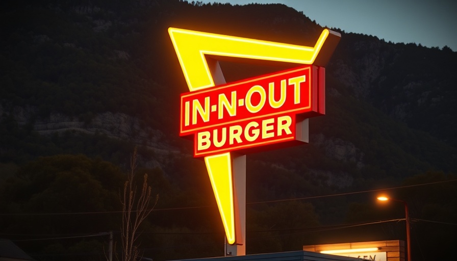 Bright In-N-Out Burger sign in front of hills during golden hour.
