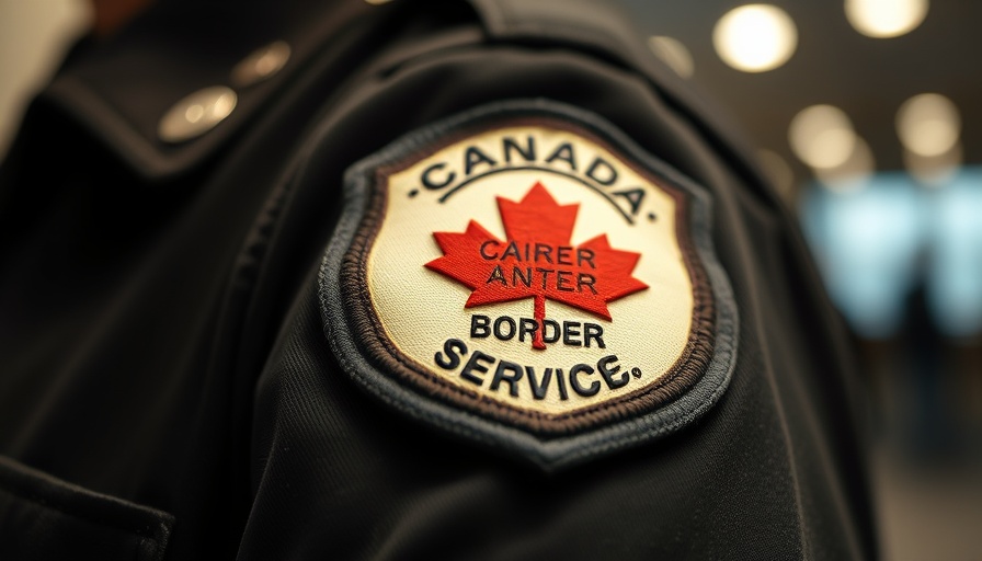 Canada Border Services Agency badge close-up on uniform, blurred background.