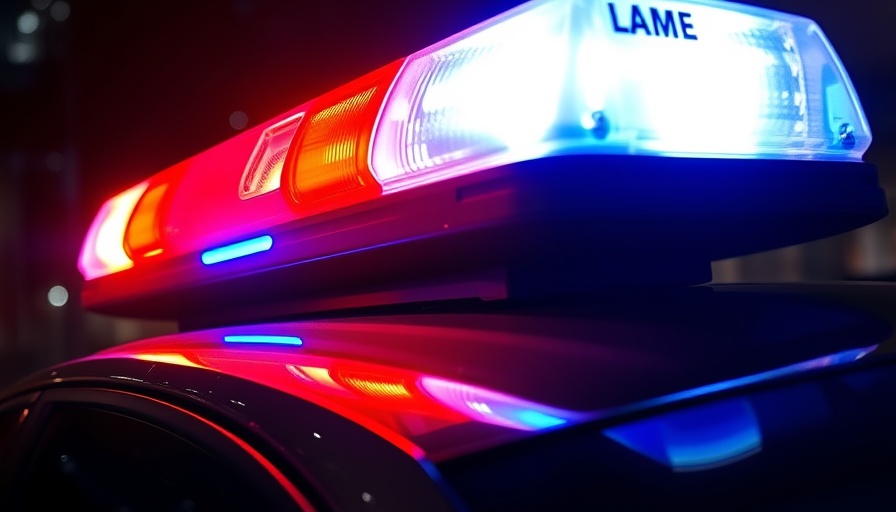 Police lights flashing on a car roof at night.