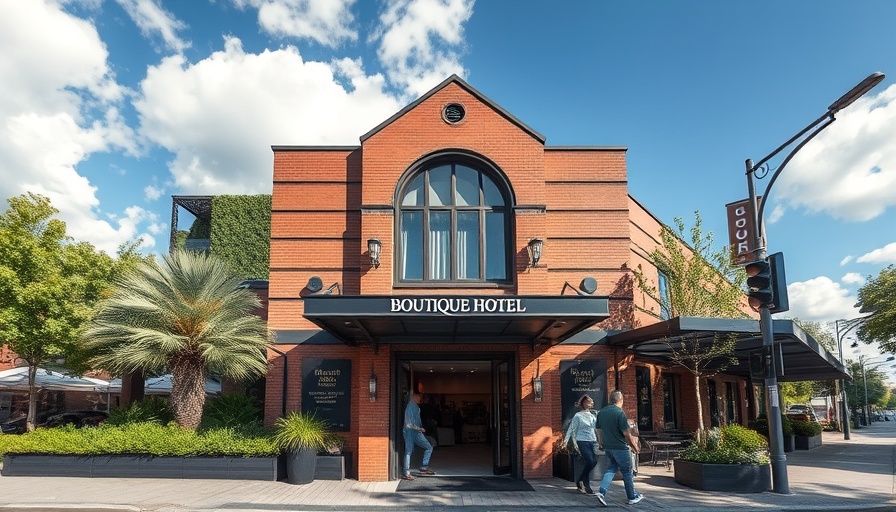 Charming boutique hotel entrance with modern architecture, urban setting.