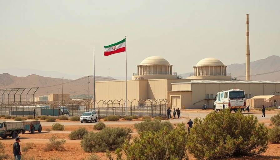 Iranian nuclear facility with flags and desert backdrop, Iran Enriched Uranium.