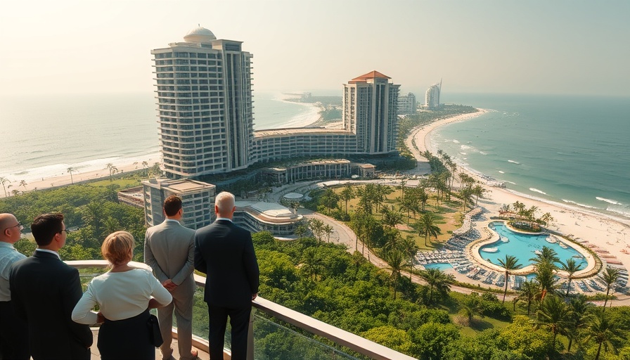 Overview of North Korea beach resort with people on a terrace.