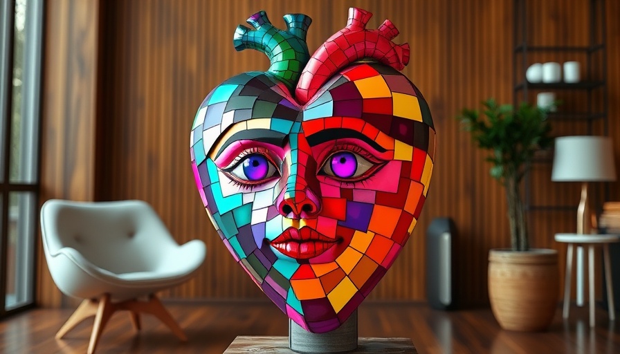 Pixelated heart statue indoors, symbolizing San Francisco art vibe.