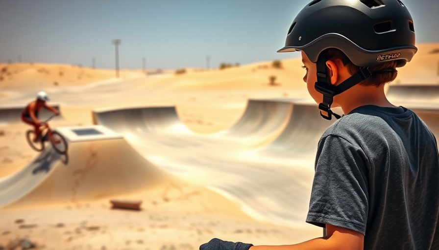 Young skateboarder and BMX rider at Sunset Dunes Skate Features