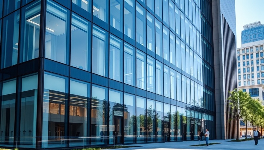 Modern office building in San Francisco reflecting city skyline.