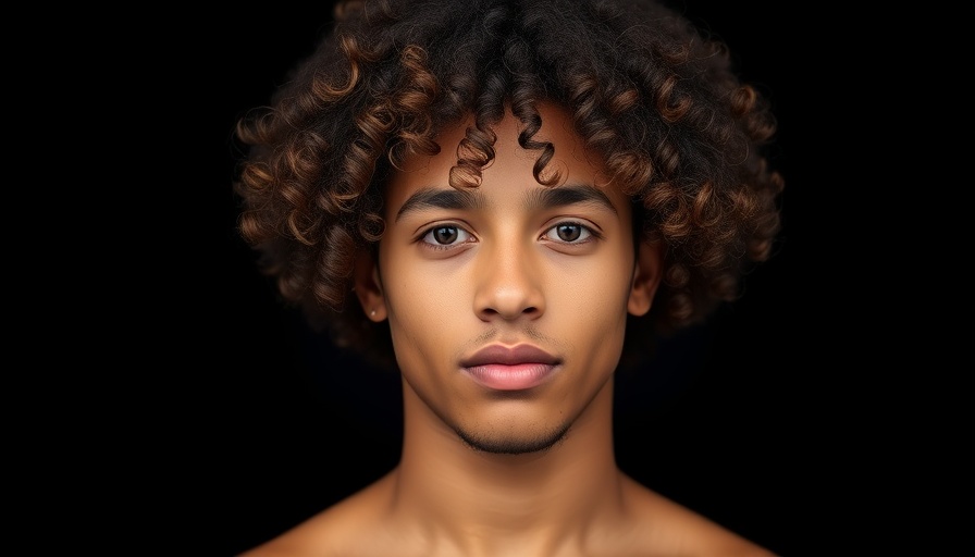 Neutral expression portrait of curly-haired person against black backdrop.