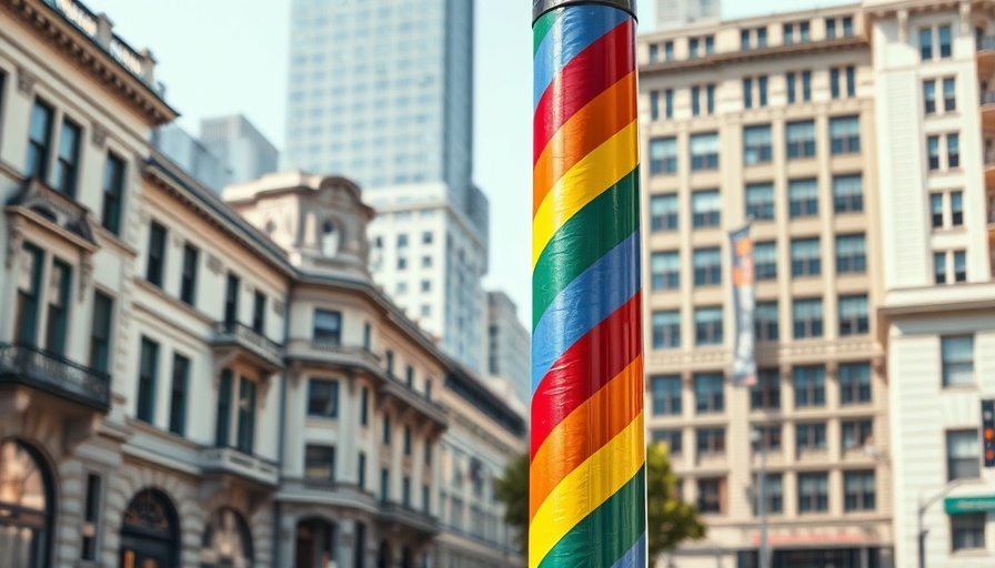 Rainbow-striped pole in San Francisco urban scene, classic architecture.