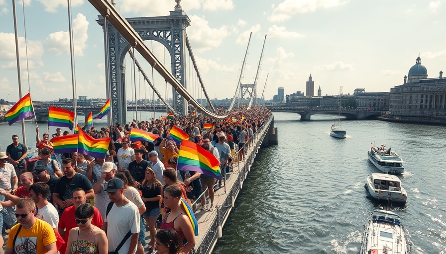 Budapest Pride Parade 2025 on a bridge with vibrant crowd and flags.