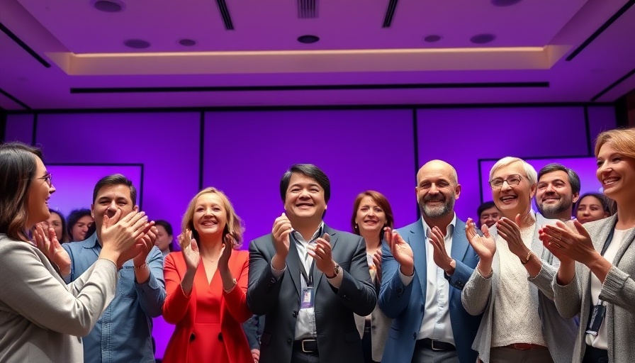 Enthusiastic group celebrating in front of 23andMe logo.