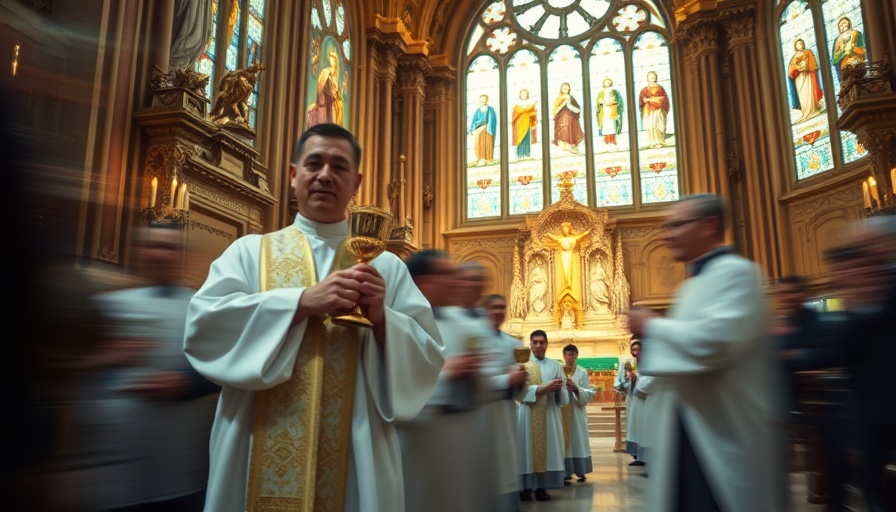 Catholic bishops and congregation in church, blurred movement.